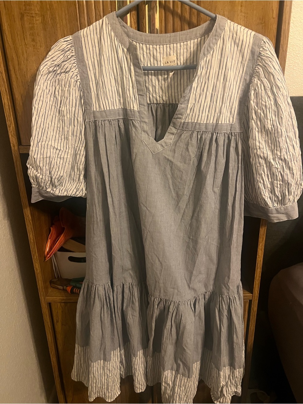 La Vie Rebecca Taylor Blue & White Puff-Sleeve Dress size L